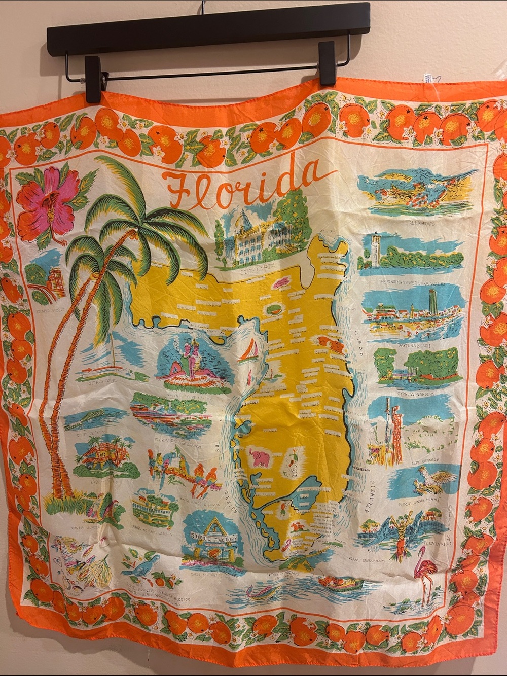 Vintage 1960’s Florida Souvenir Map Scarf Rayon Japan Orange Floral 27”x27”
